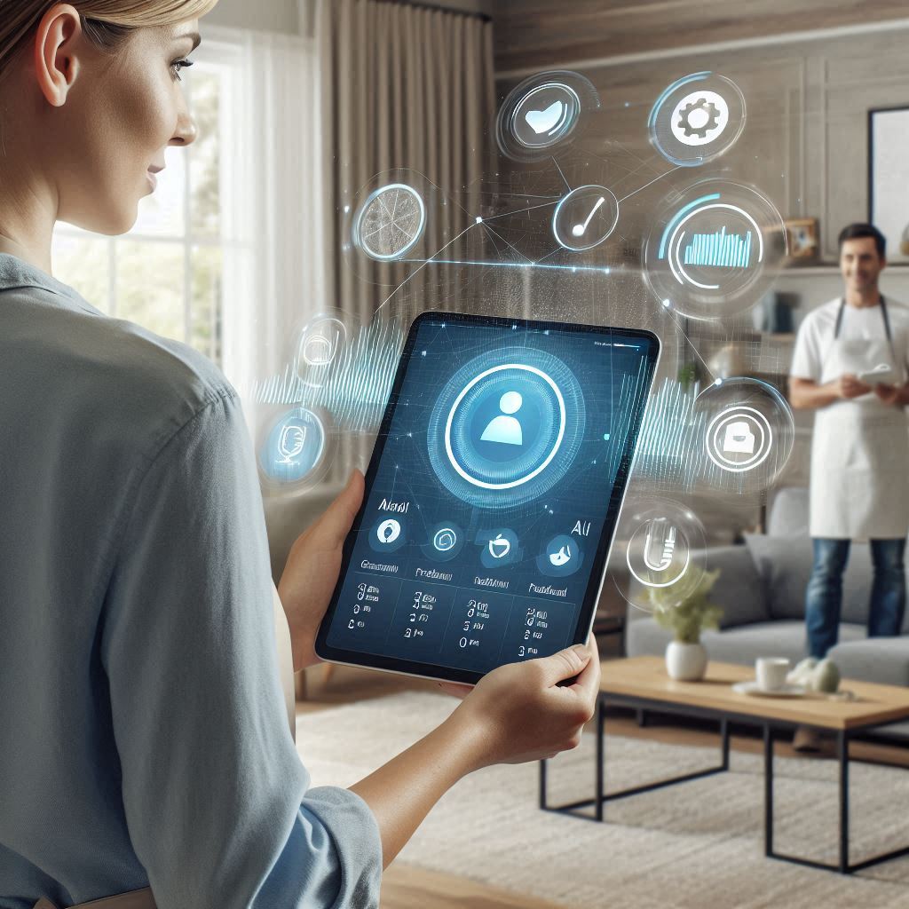 Een schoonmaakhulp bekijkt een tablet of smartphone met een AI-gestuurd planningssysteem. Op het scherm worden klantvoorkeuren, een geoptimaliseerd werkschema en voorspelde schoonmaakbeurten weergegeven. Op de achtergrond is een moderne, schone woning of kantoorruimte zichtbaar, waar een klant tevreden naar de interactie kijkt. In de lucht zweven subtiele digitale elementen, zoals grafieken of AI-icoontjes, die de slimme technologie symboliseren. De sfeer is professioneel, efficiënt en klantgericht.