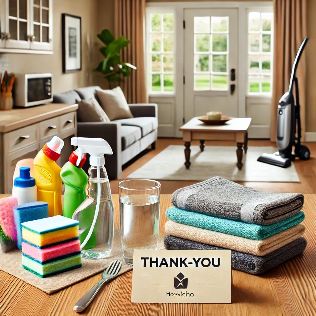 Een overzichtelijke en gastvrije woning waar alles klaarstaat voor de poetshulp. Op een keukentafel liggen schoonmaakproducten, microvezeldoeken en een stofzuiger netjes opgesteld, samen met een glaasje water en een klein bedankbriefje. In de achtergrond staat een deur open, wat een warm welkom symboliseert. De sfeer is vriendelijk en georganiseerd, met natuurlijk licht dat de ruimte verlicht. Dit beeld straalt respect en voorbereiding uit, waardoor het duidelijk wordt hoe klanten hun poetshulp kunnen onder