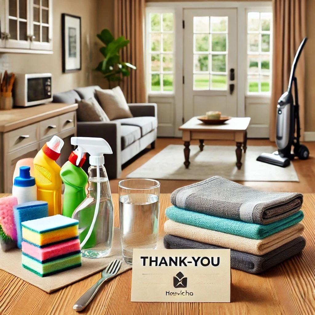 Een overzichtelijke en gastvrije woning waar alles klaarstaat voor de poetshulp. Op een keukentafel liggen schoonmaakproducten, microvezeldoeken en een stofzuiger netjes opgesteld, samen met een glaasje water en een klein bedankbriefje. In de achtergrond staat een deur open, wat een warm welkom symboliseert. De sfeer is vriendelijk en georganiseerd, met natuurlijk licht dat de ruimte verlicht. Dit beeld straalt respect en voorbereiding uit, waardoor het duidelijk wordt hoe klanten hun poetshulp kunnen onder